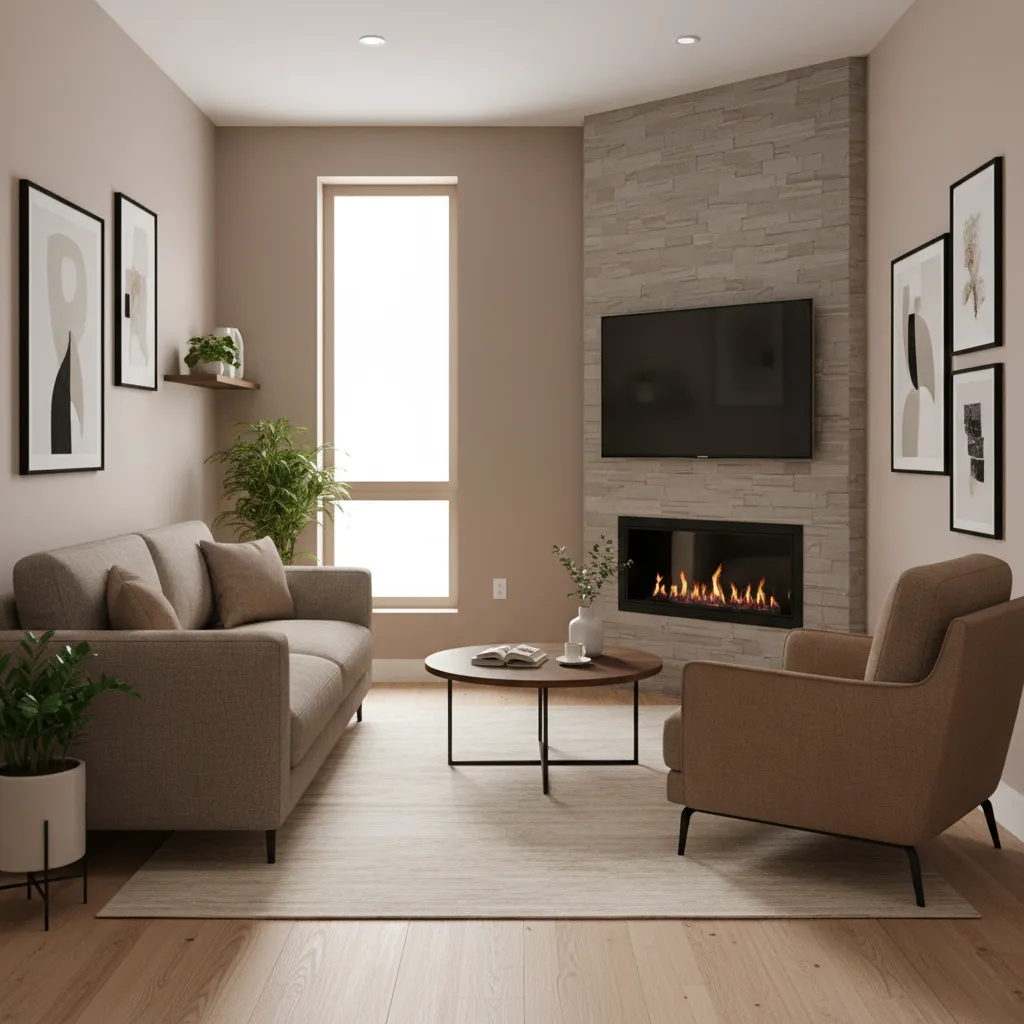 Small living room corner TV layout with fireplace on main wall