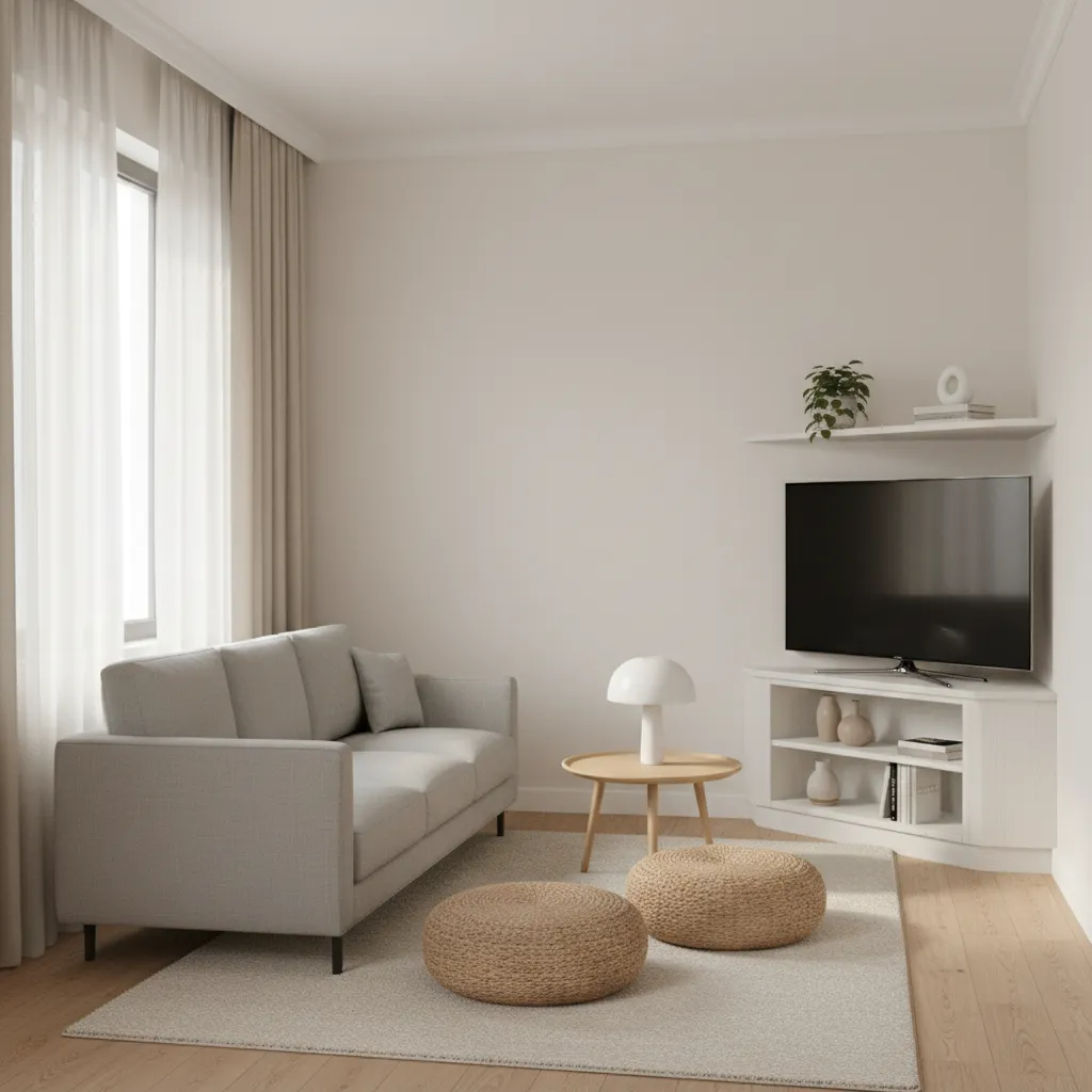 corner TV stand arrangement in a small living room layout