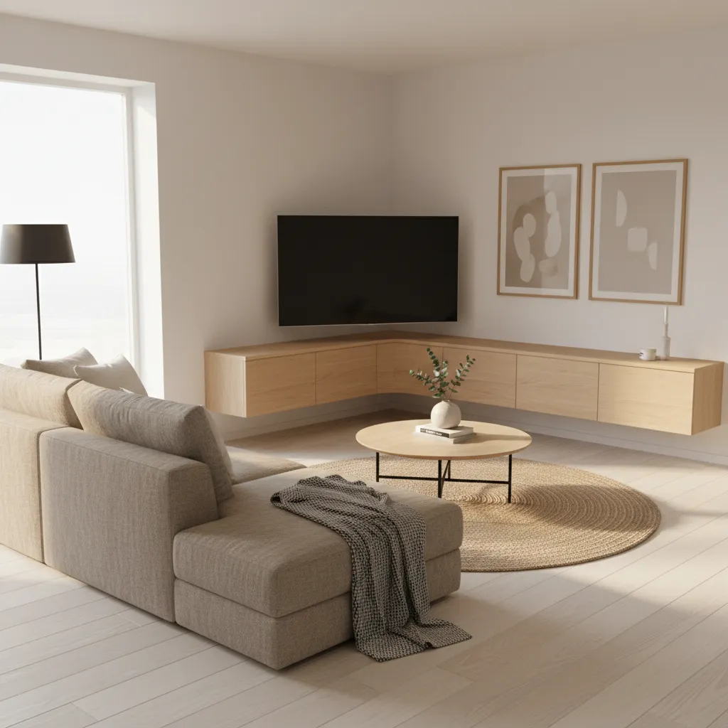 Modern living room with a minimalist corner TV unit and floating cabinet