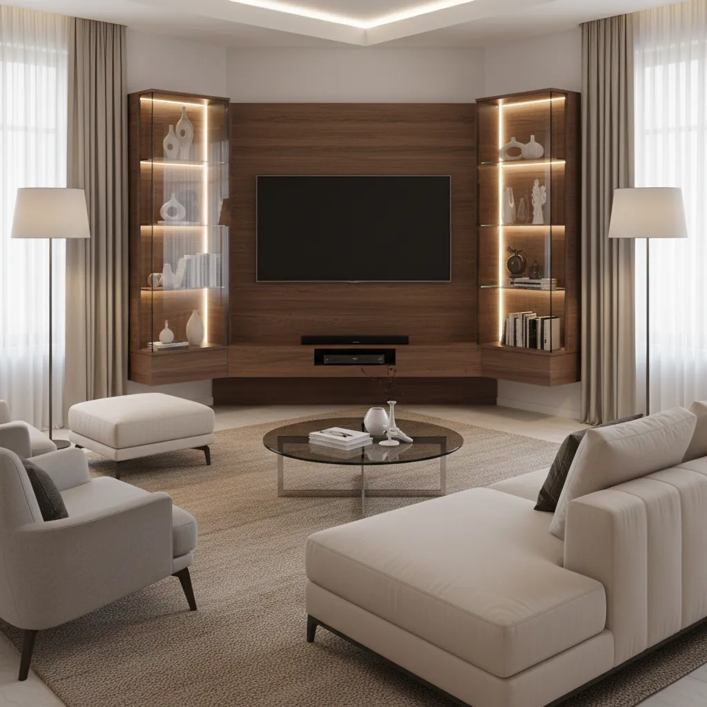 corner TV with symmetrical glass showcase cabinets