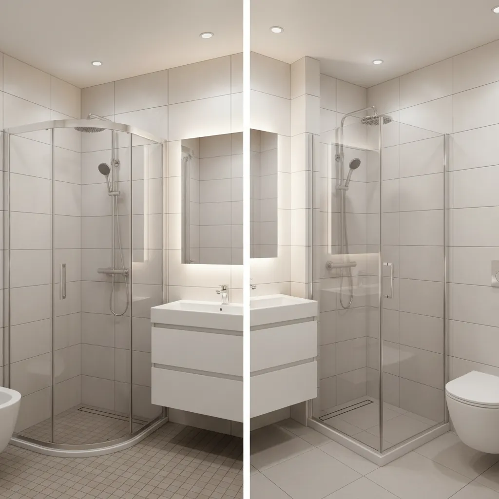corner shower and alcove shower comparison in small bathroom