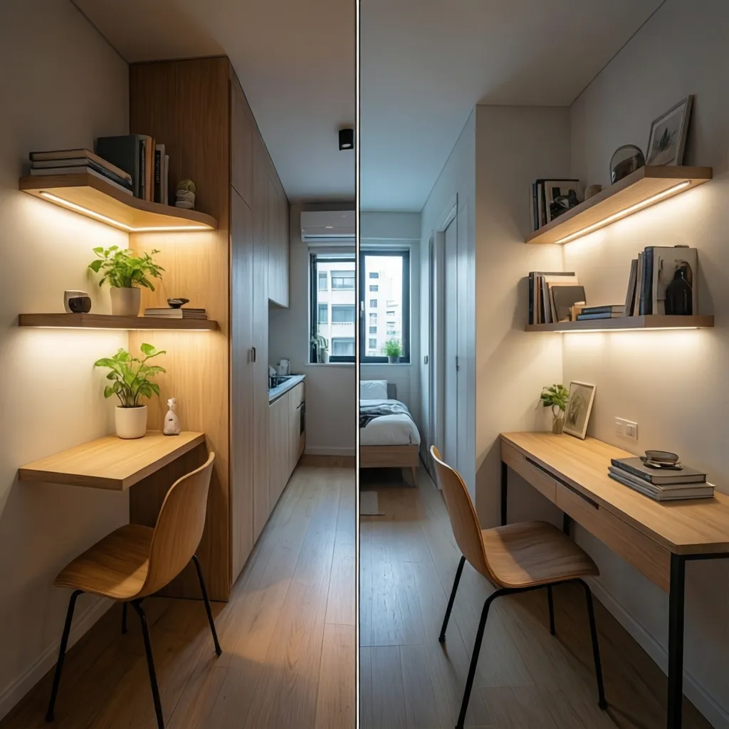 visual comparison of corner shelf lighting and wall shelf lighting in a compact room