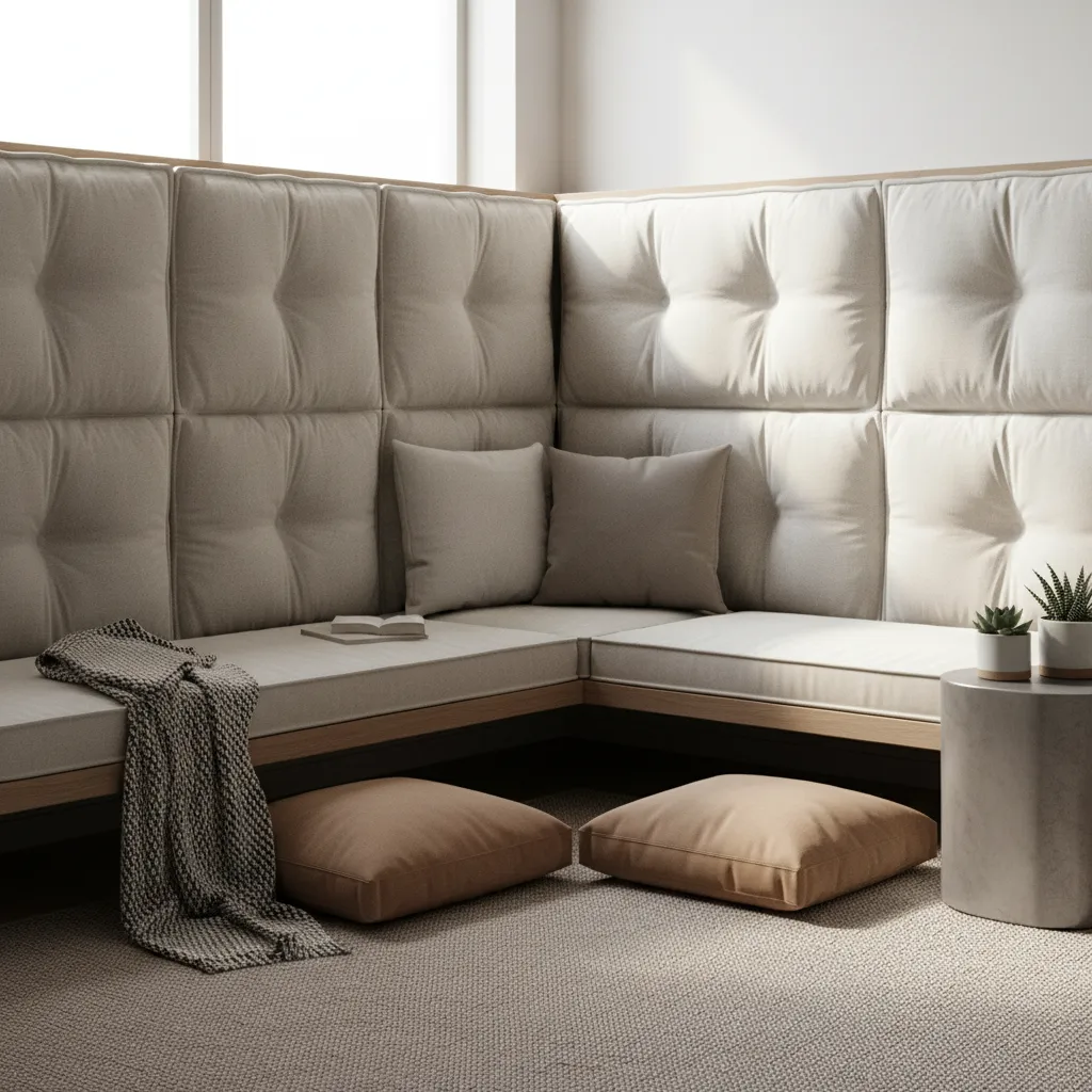cozy corner seating with padded wall cushions in small living room