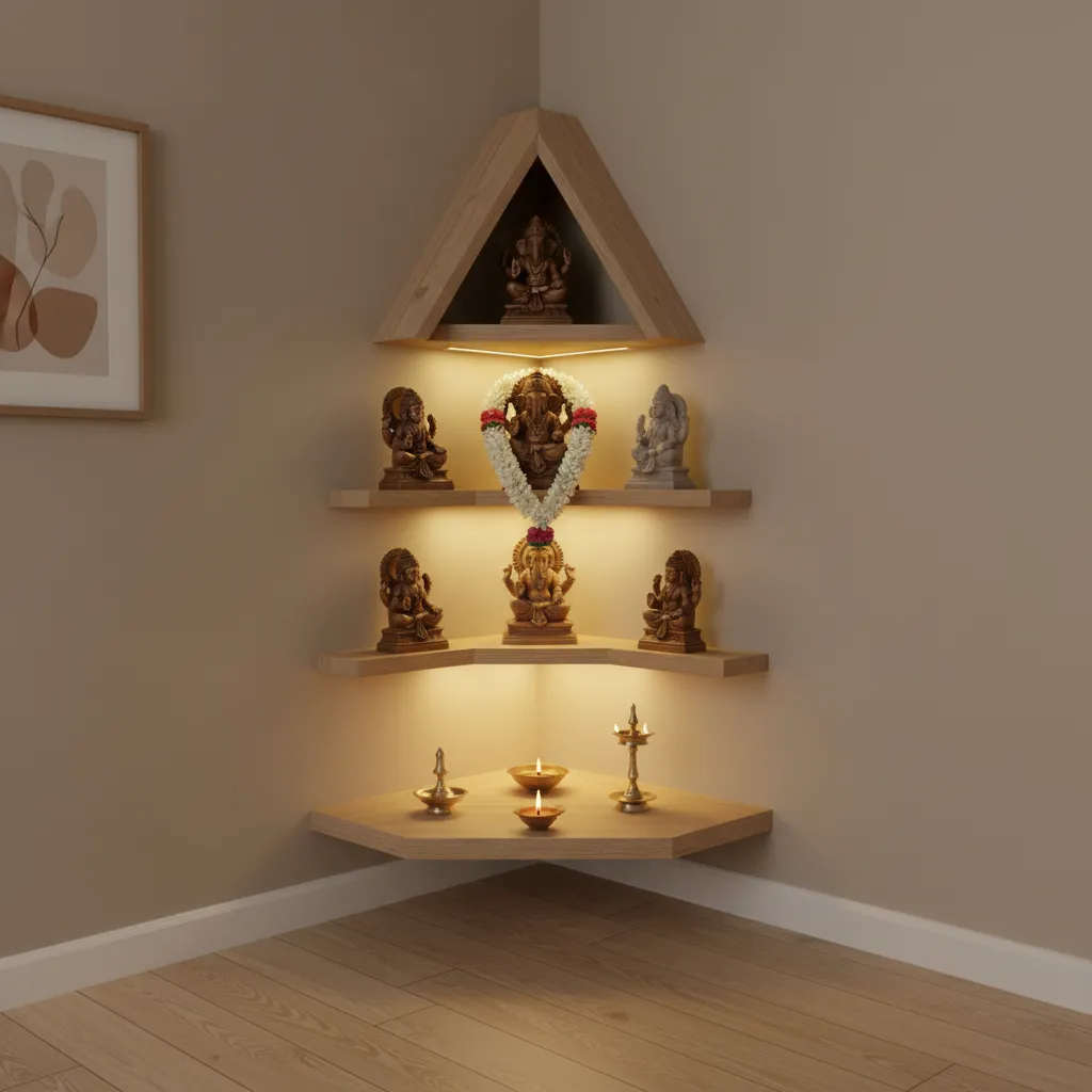 compact corner wall mounted pooja mandir design in small apartment