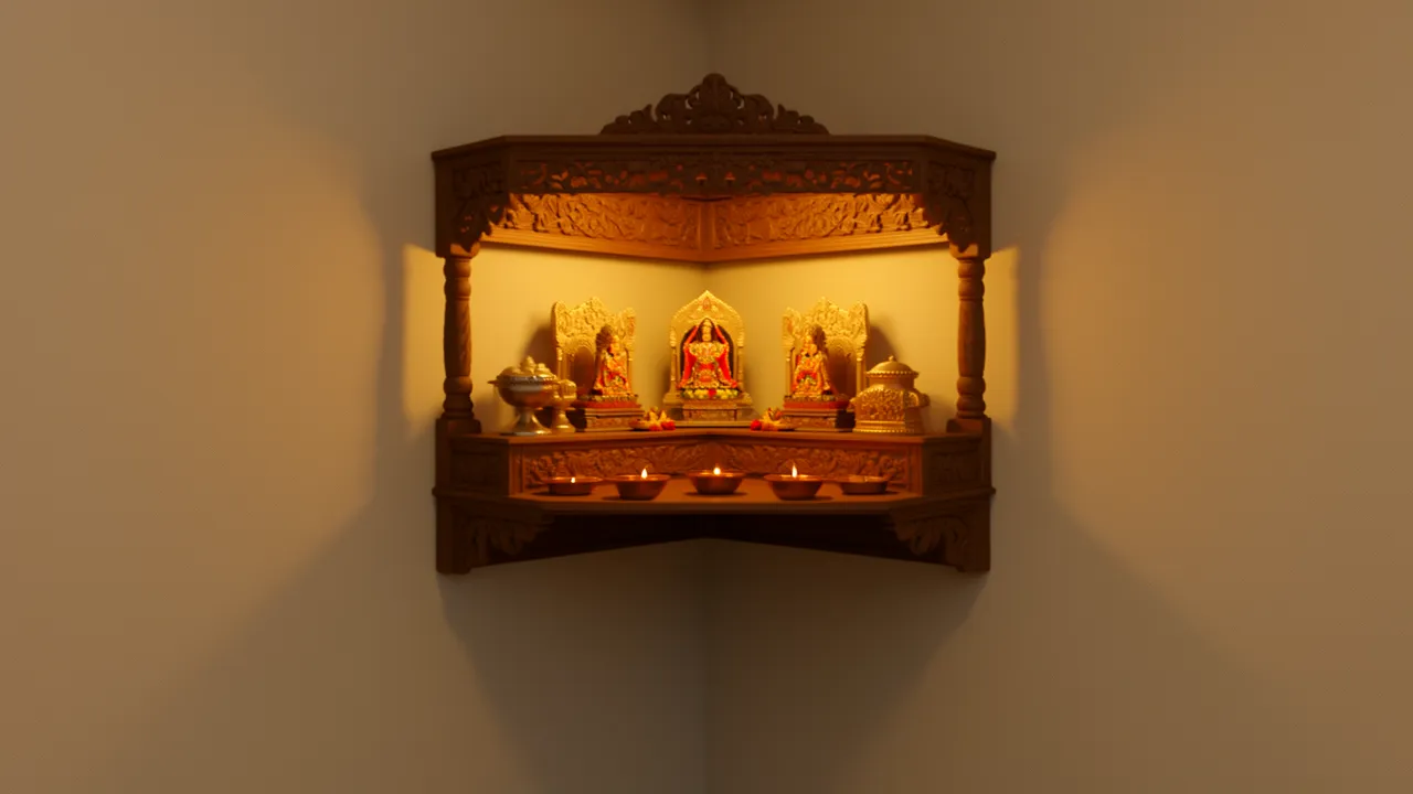 corner wall pooja shelf design for small apartments