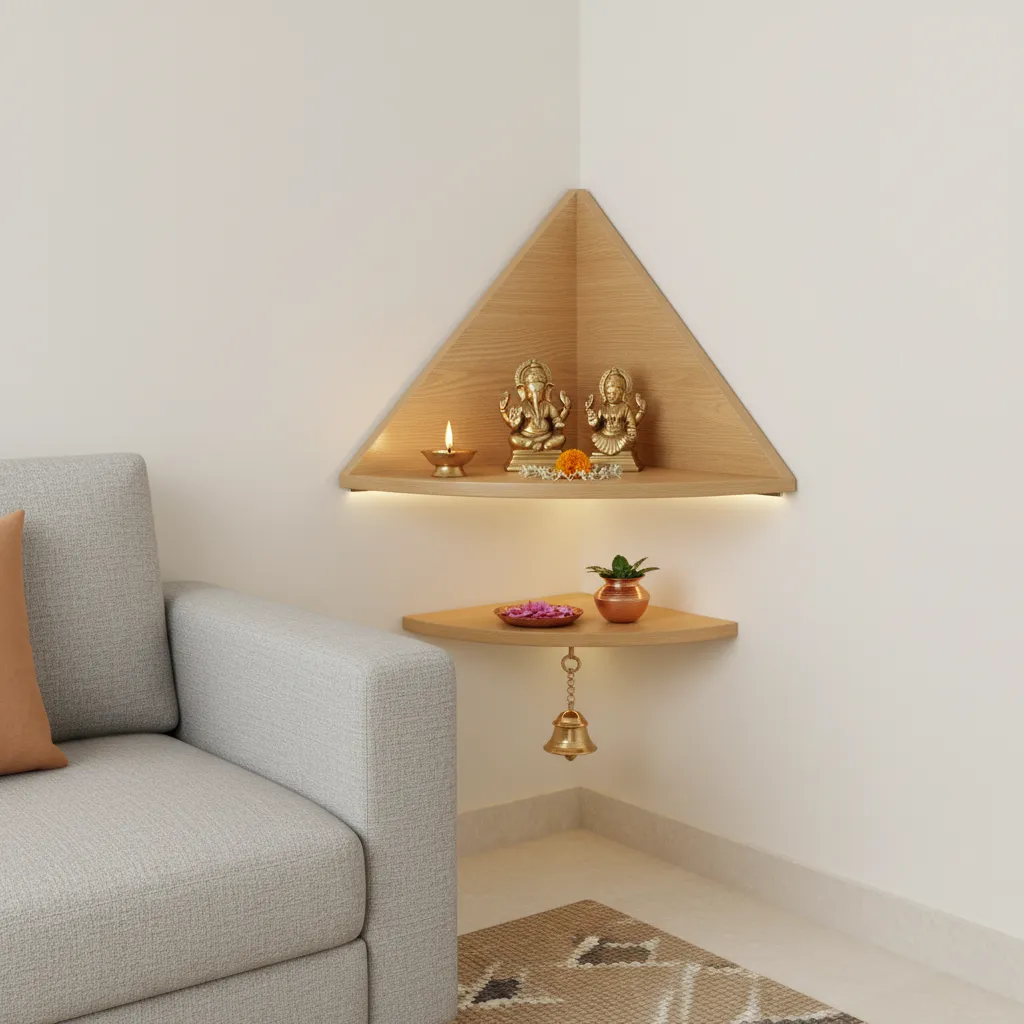 corner wall mounted pooja unit in a compact apartment living room