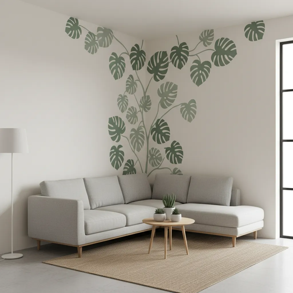 Corner placed wall rub on design extending visual width of room