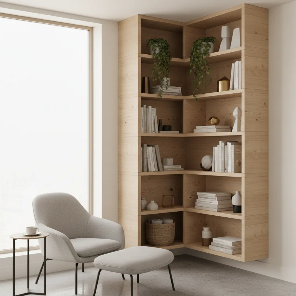 Corner shelves used in a small living room for storage and decor