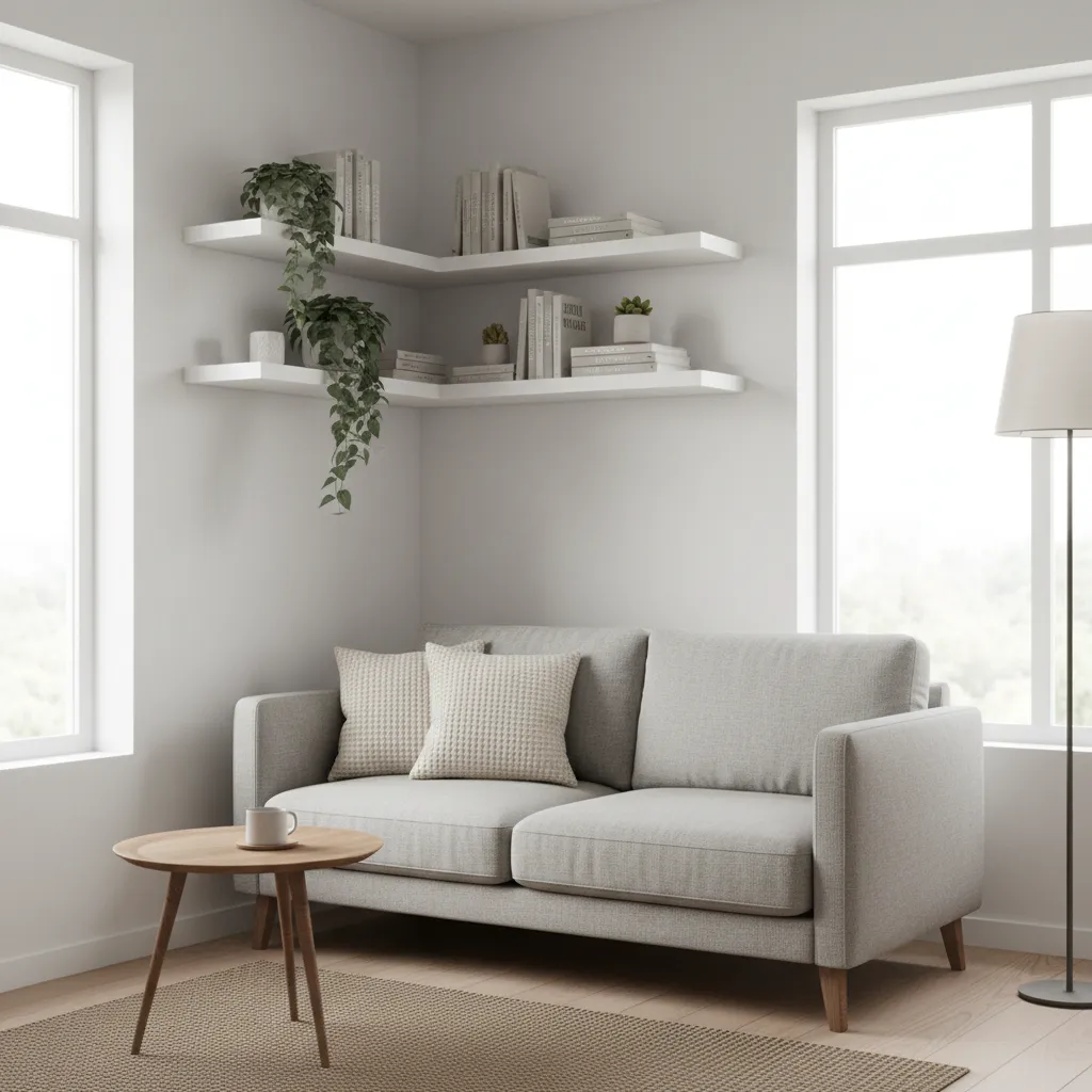 corner floating shelves used in a small living room