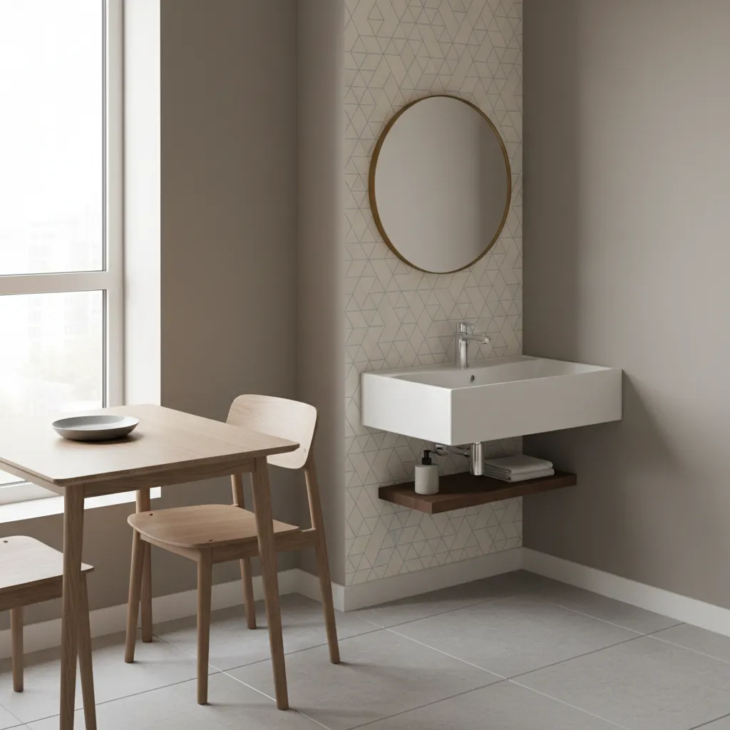compact corner wash basin installed in small dining room