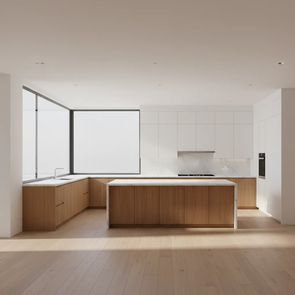 L shaped kitchen with corner windows bringing natural light
