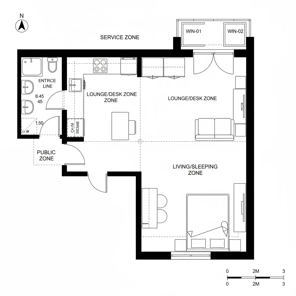 Top-down CAD plan of an L-shaped 15 sq m studio wrapping a bright corner with galley and looped circulation