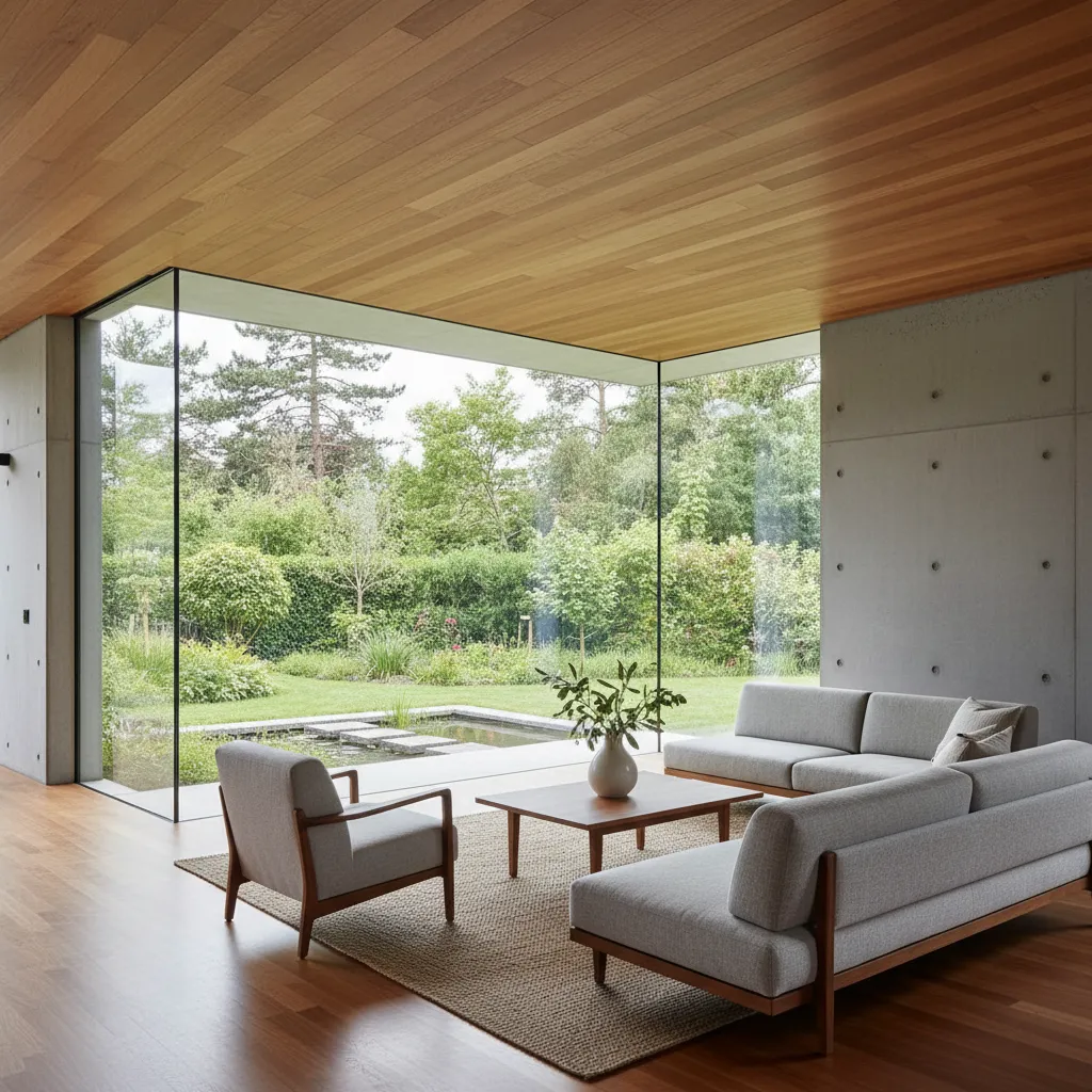 Ventana de esquina en casa moderna con vista al jardín