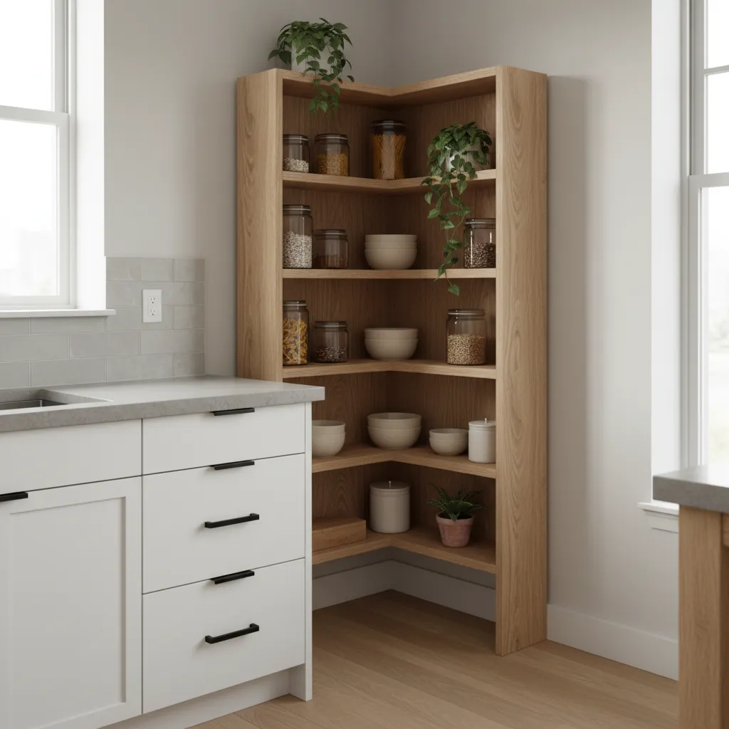Corner wooden kitchen rack utilizing unused kitchen corner space