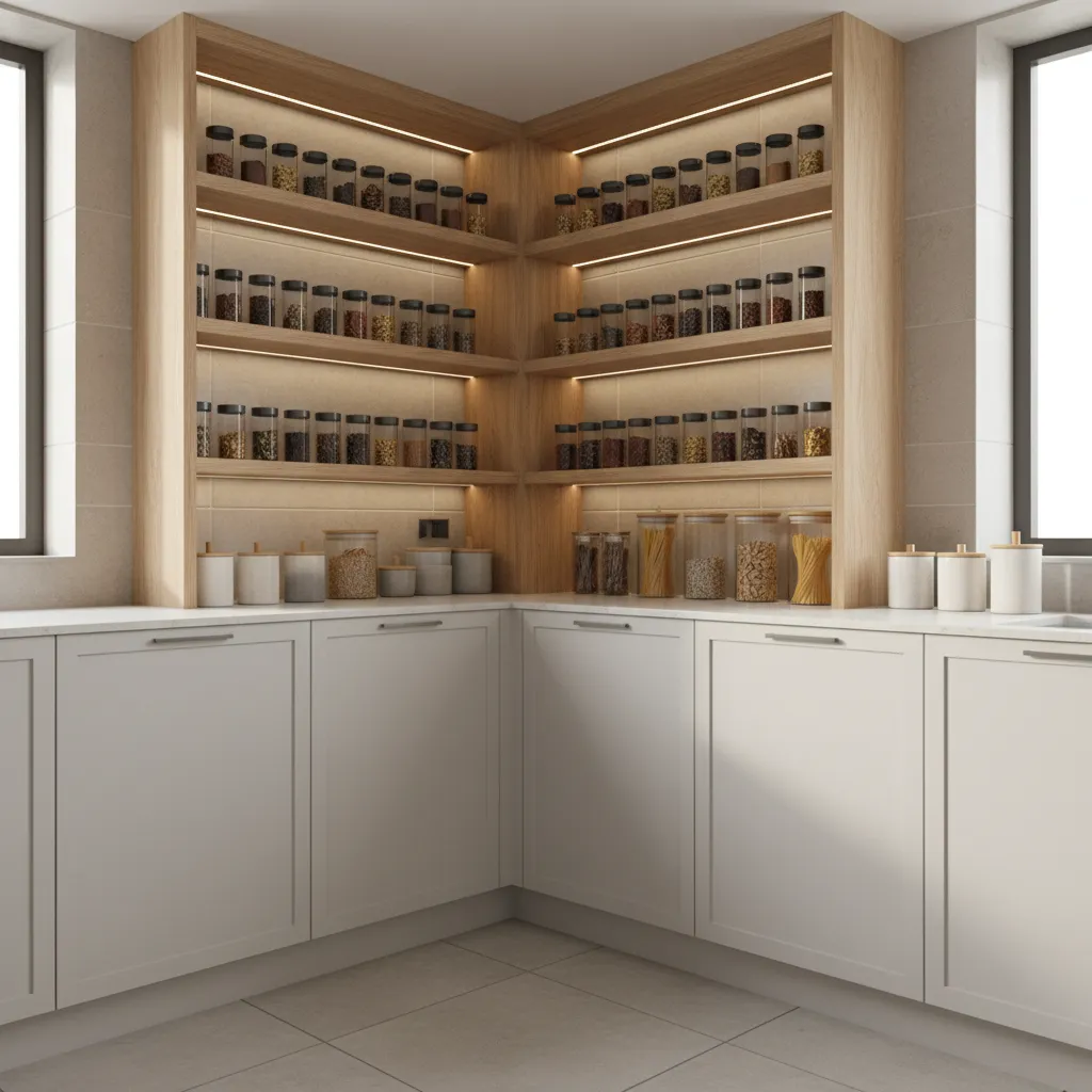 corner wooden rack shelves used for spices and jars in kitchen