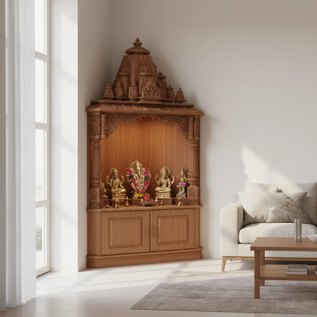 Corner traditional wooden pooja mandir placed in a living room corner