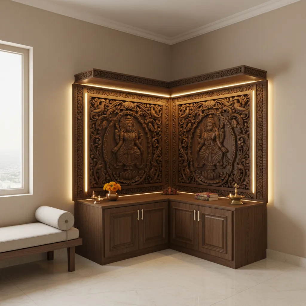 elegant corner wooden pooja mandir with carved panel and soft lighting