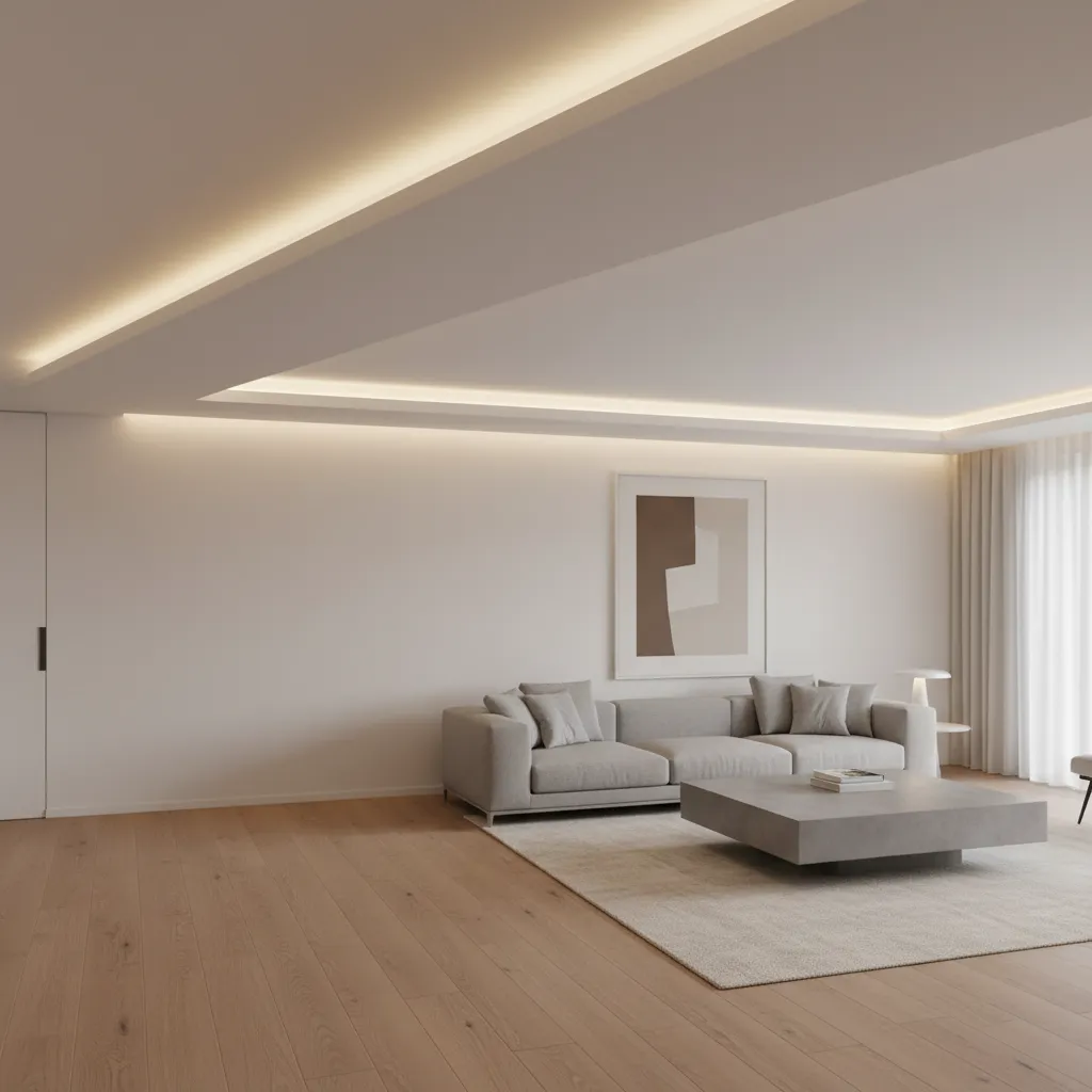 Cornisa moderna con iluminación LED indirecta en el techo