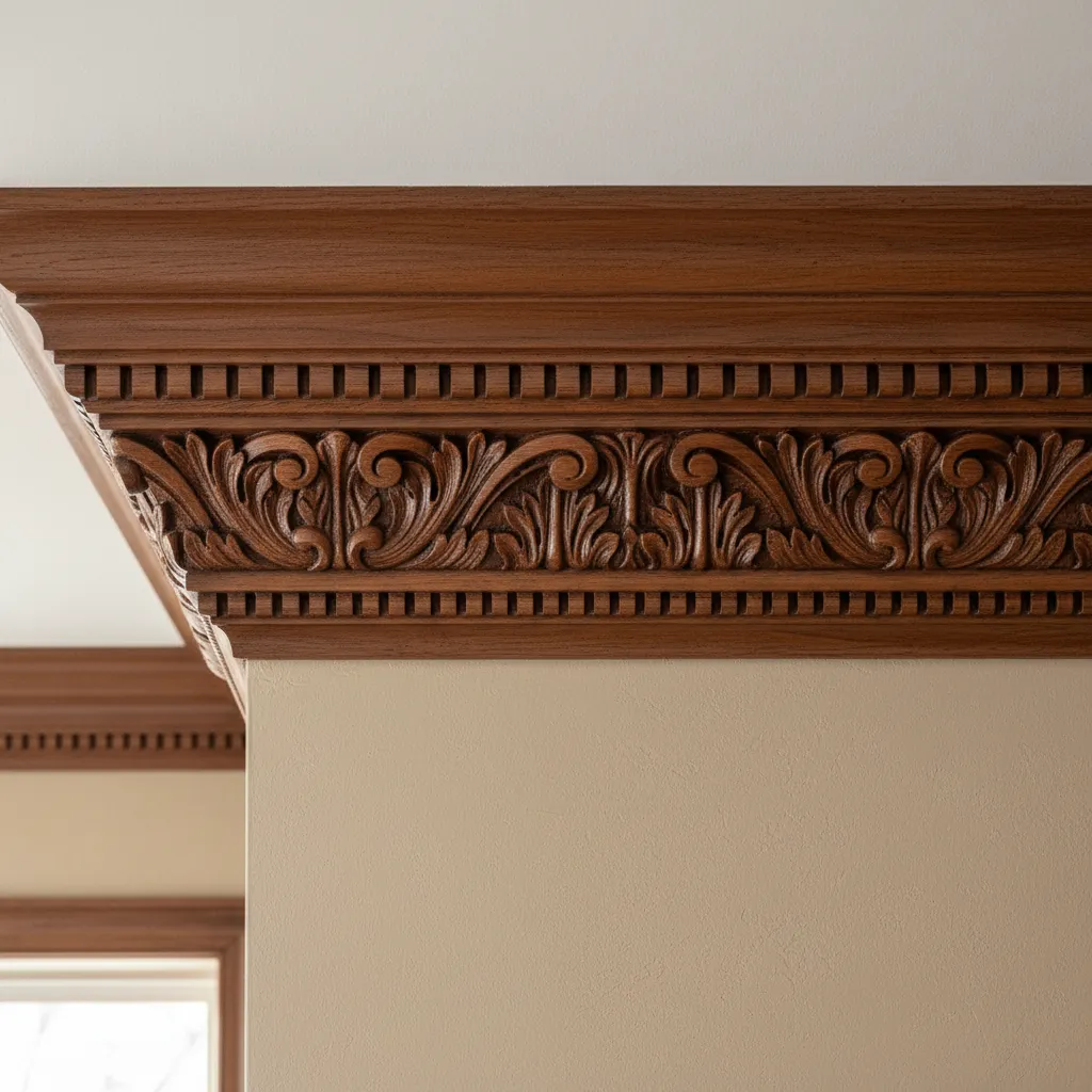 Close up of decorative dark wood ceiling trim with floral carvings on a beige wall