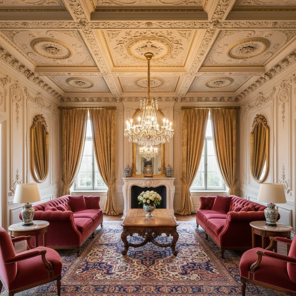 Habitación clásica con cornisas ornamentadas de escayola