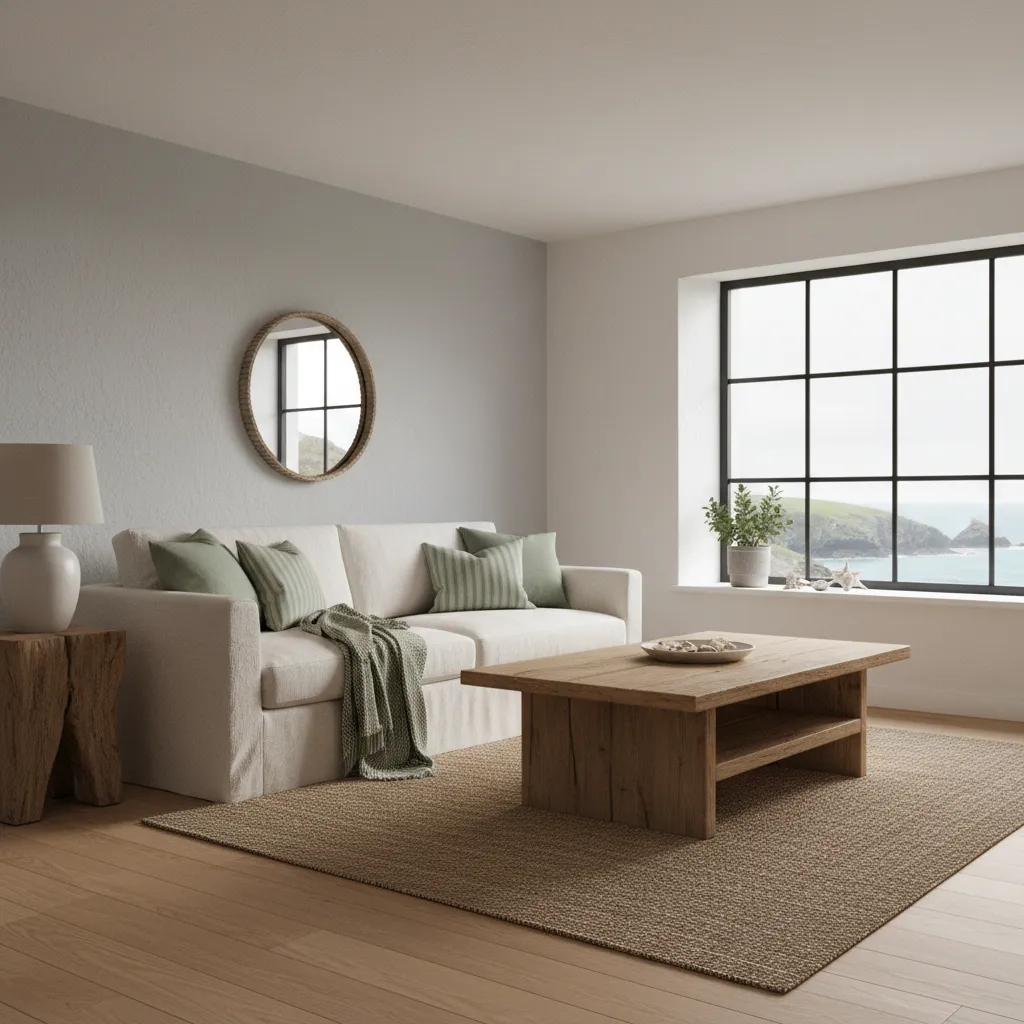 Interior room with muted Cornish coastal wall colors including soft grey sage and chalk white