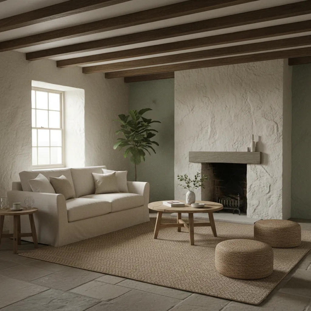 Cornish cottage interior with textured plaster walls and soft coastal lighting