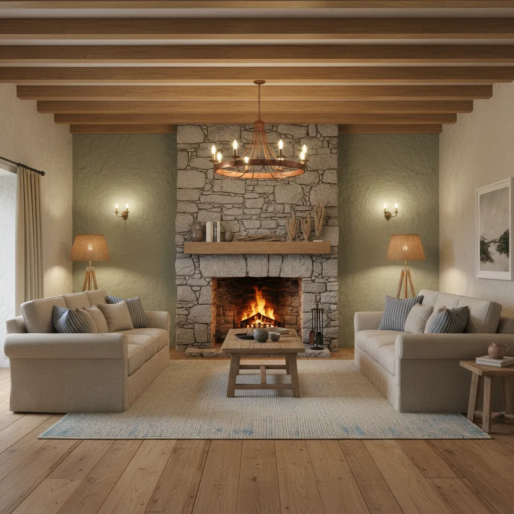 Cornish style interior with stone accent wall and lime plaster surrounding surfaces
