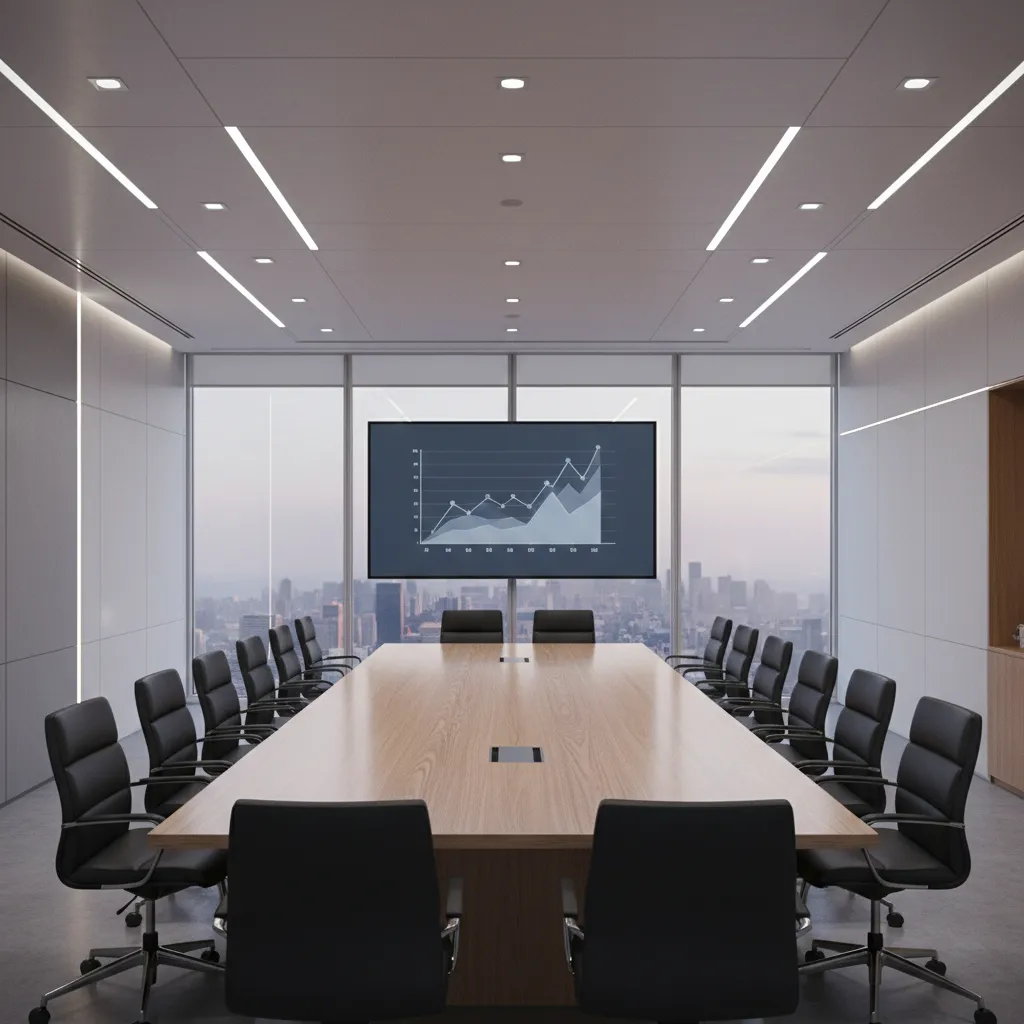 modern corporate boardroom with long conference table and executive seating layout