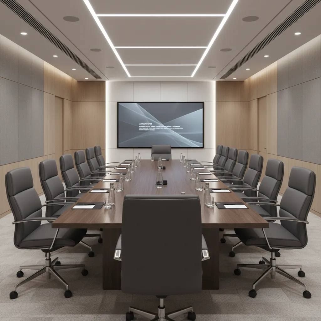 Corporate boardroom with long conference table executive chairs and presentation screen