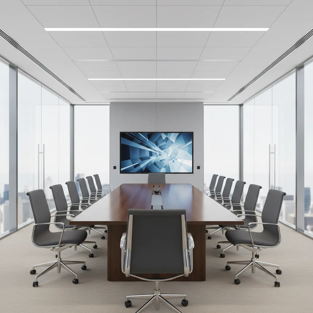 Modern corporate boardroom conference layout with long table and presentation screen