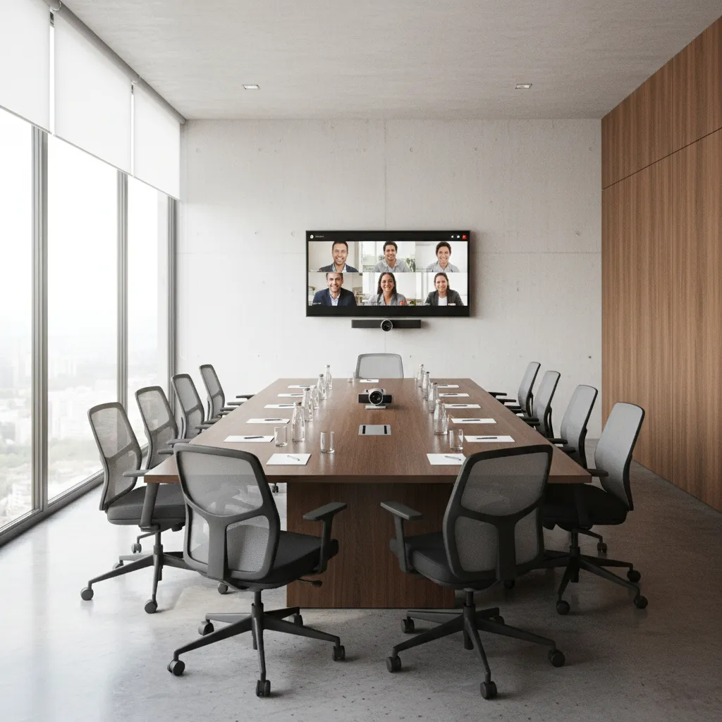 Modern corporate conference room with central meeting table and display