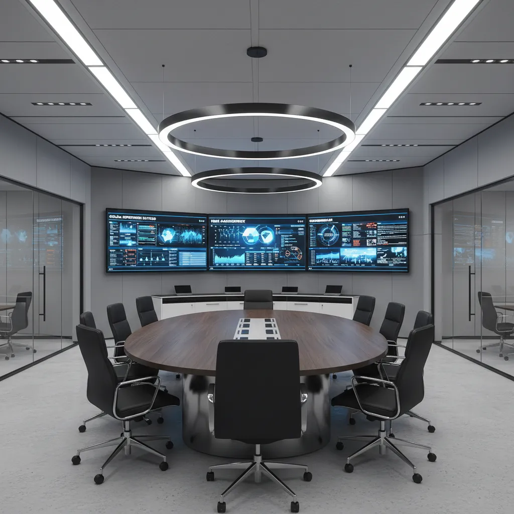 Corporate crisis management center with executive table and display screens