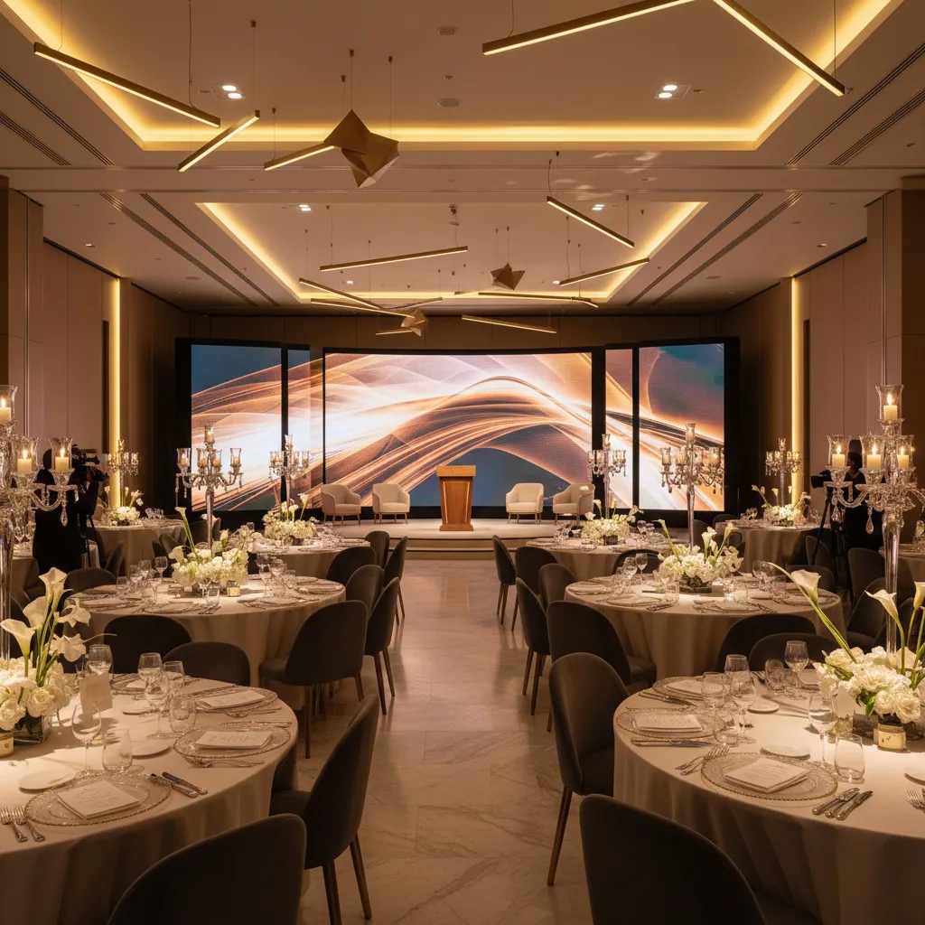Evento corporativo elegante con iluminación ambiental y decoración cuidada