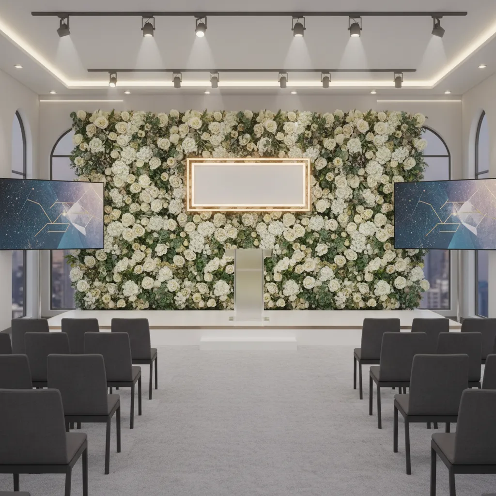 Corporate event backdrop with artificial flower wall and branding area