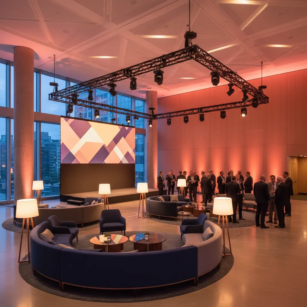 Evento corporativo con diseño interior moderno y zonas de interacción