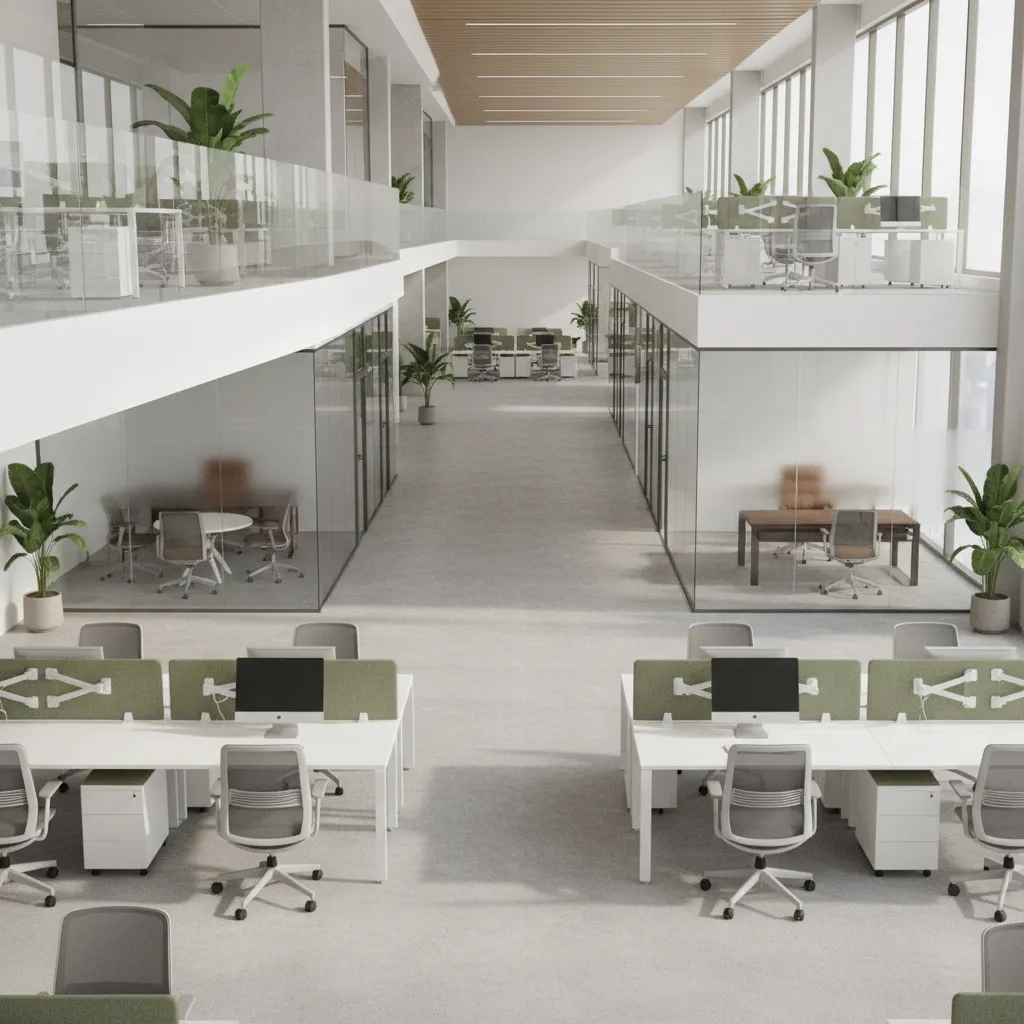 corporate office layout with curved circulation path and balanced workspace zones