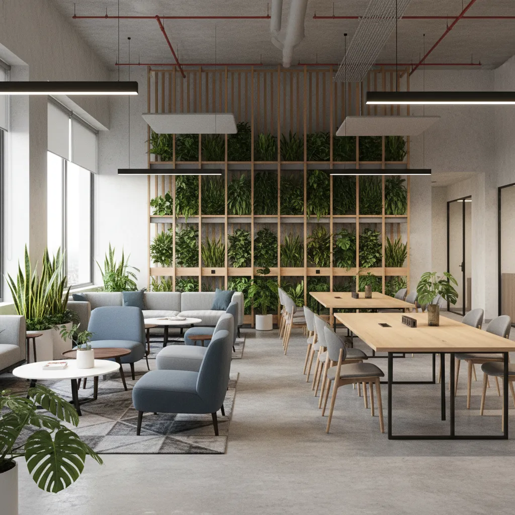 Tech office collaboration space with tall vertical garden wall