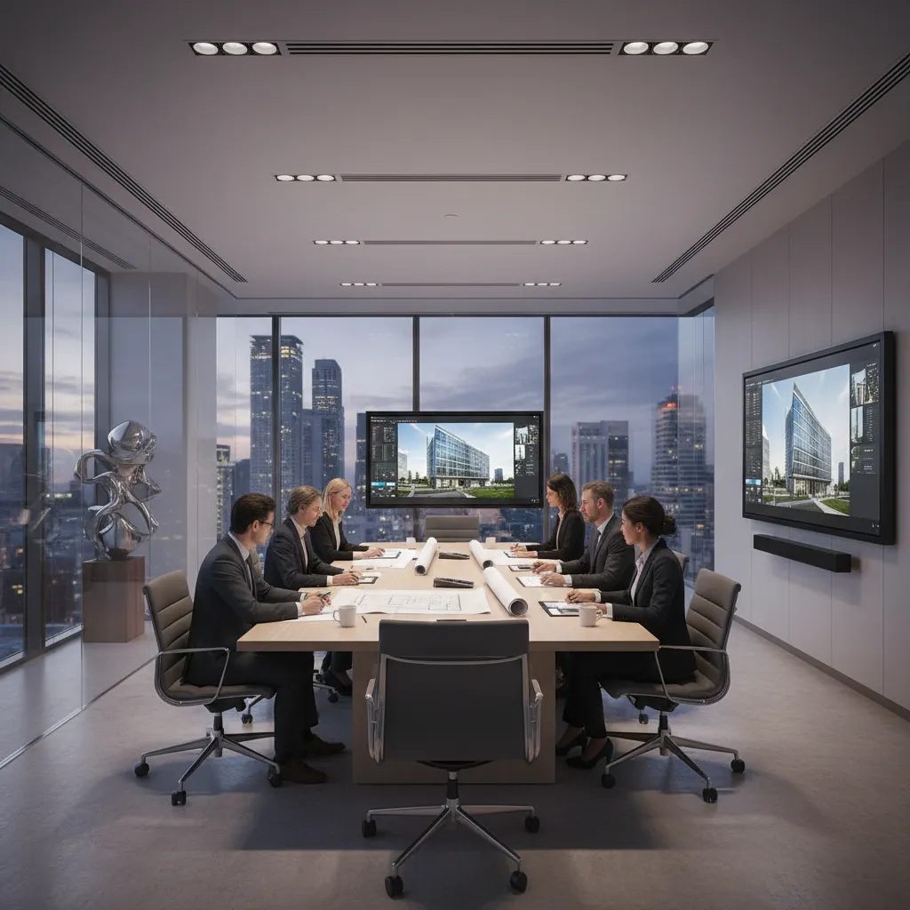 Corporate interior design team reviewing large commercial project plans in boardroom