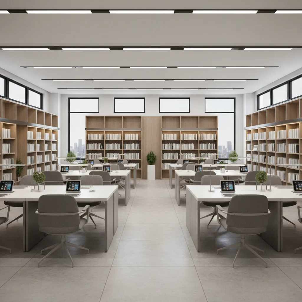 corporate knowledge center library with modern shelving and research desks