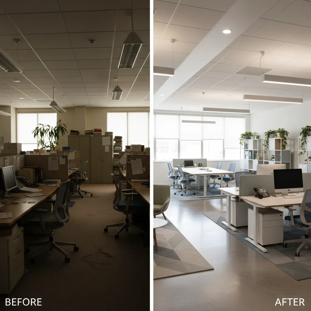 Before and after comparison of a dark old office versus a bright modern new office
