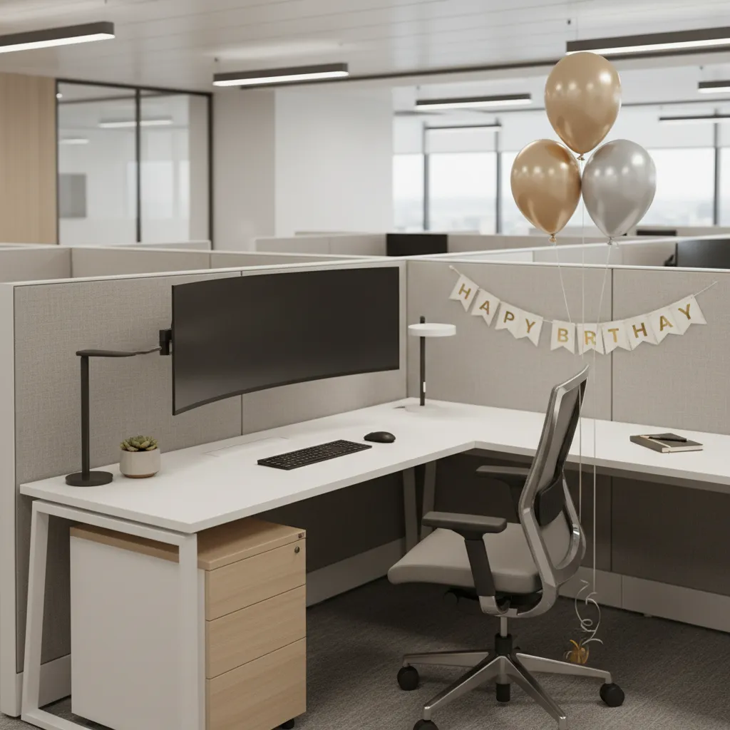 simple corporate cubicle birthday decoration with small banner and balloons