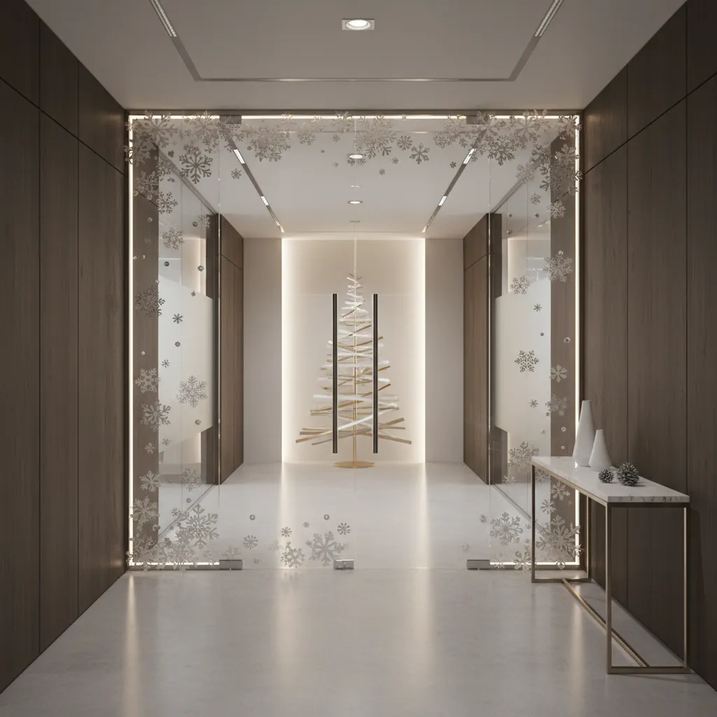 elegant corporate office christmas door decoration with minimalist snowflake theme