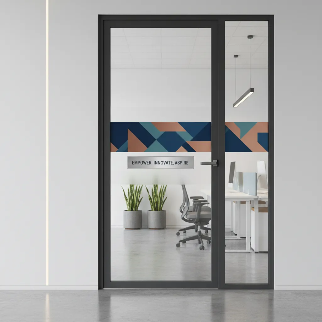 Corporate office door with minimalist branding decoration
