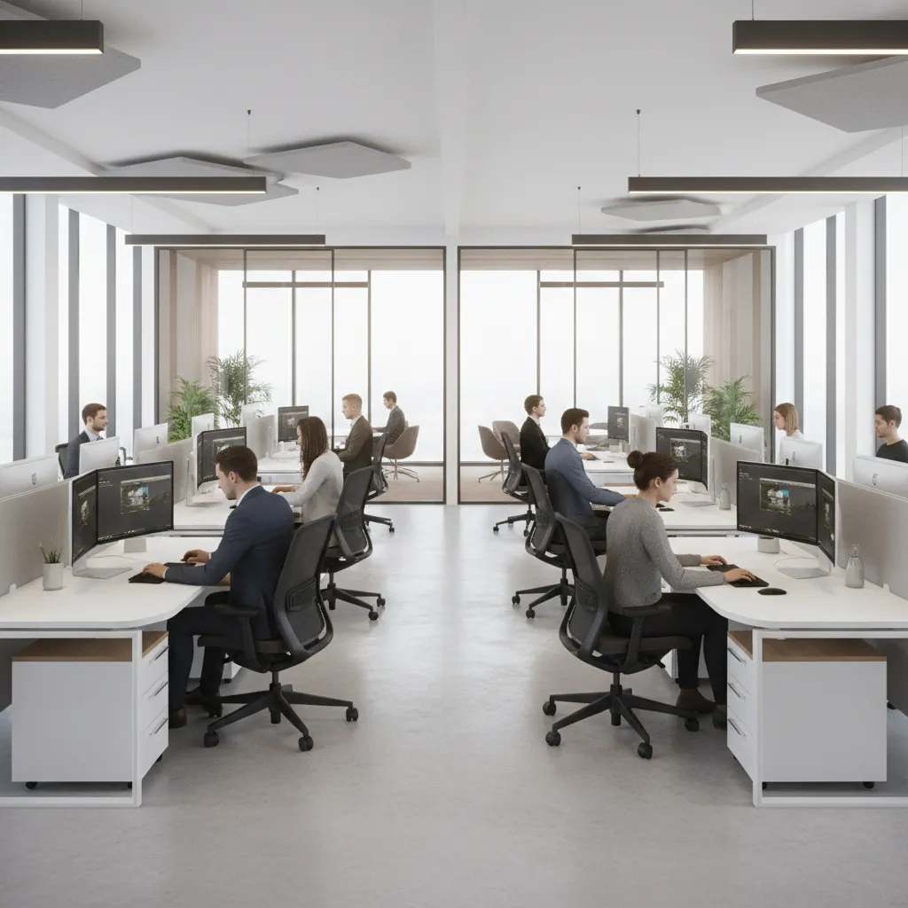 Corporate open office with employees sitting in ergonomic mesh office chairs