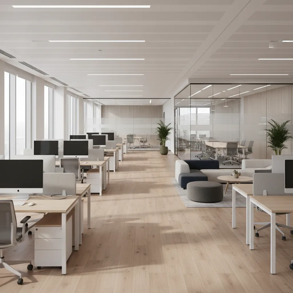 Large modern corporate office interior with collaborative workspace