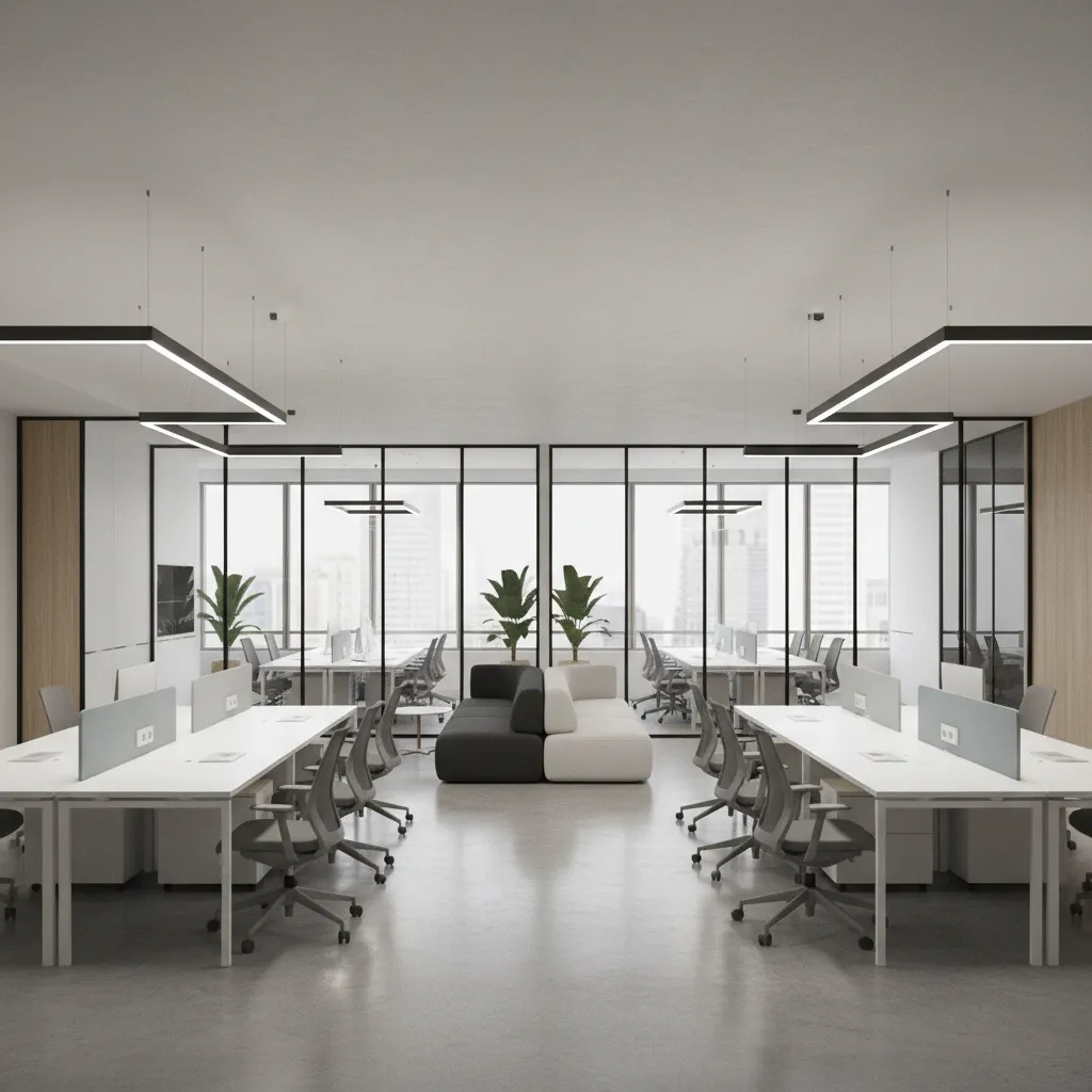 Large modern corporate office interior designed with collaborative workspace layout