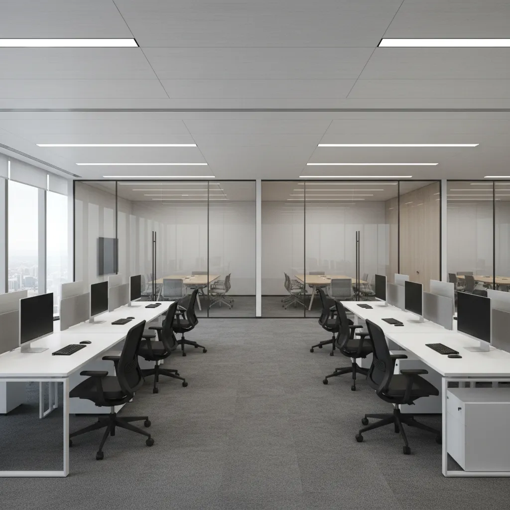 corporate office floor with meeting rooms and open workstation areas