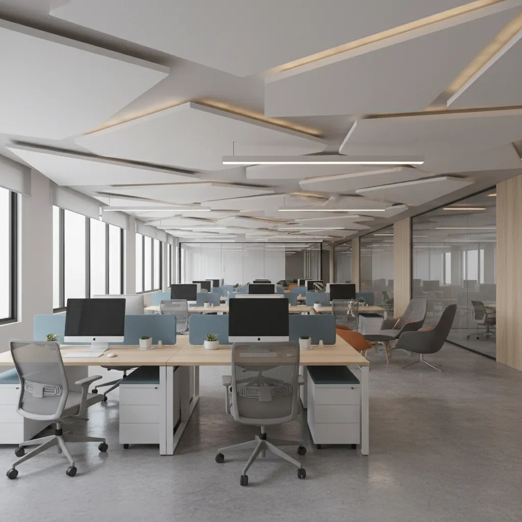 Open corporate office with layered POP ceiling panels and integrated lighting