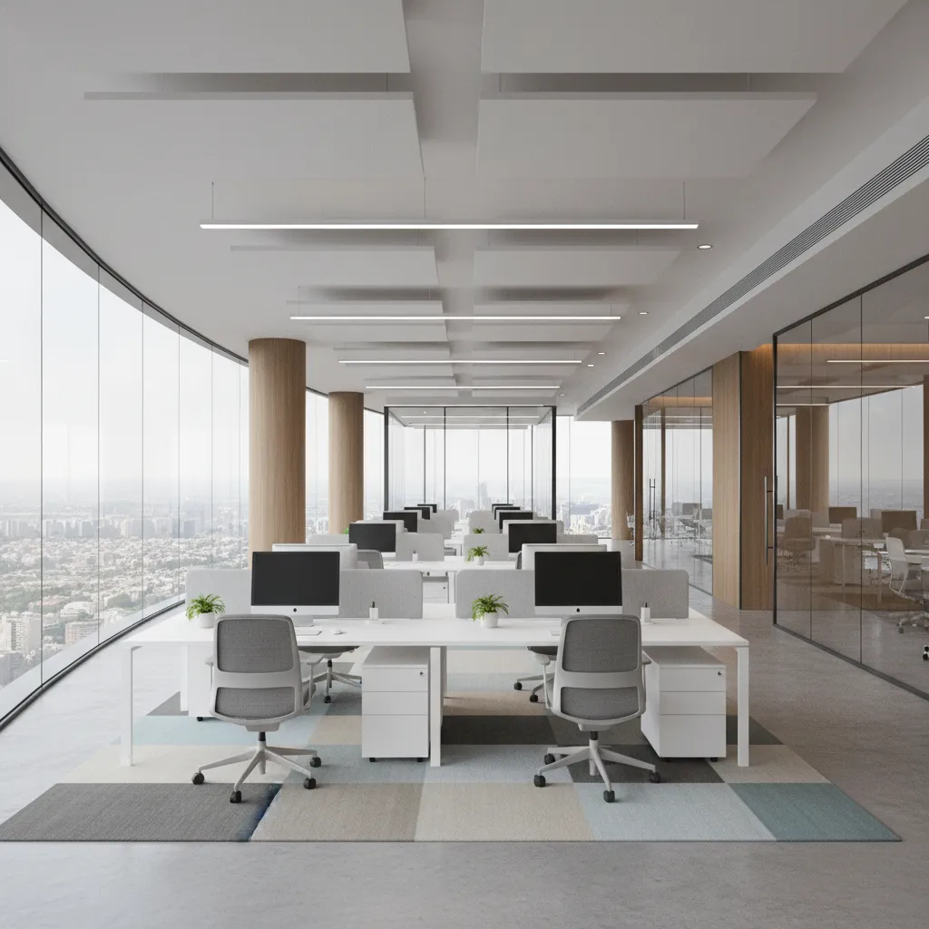 Modern corporate office tower interior workspace with glass walls and city views