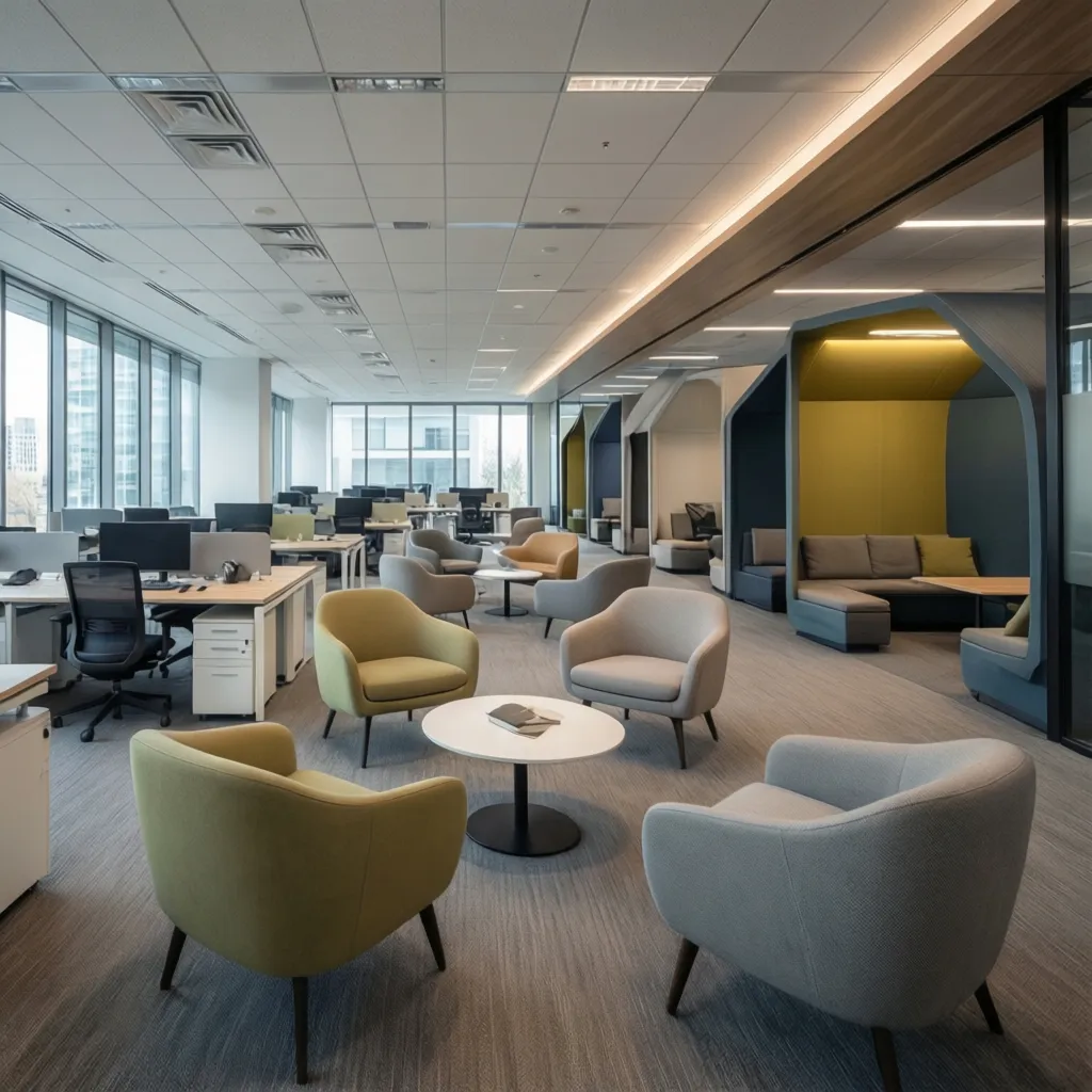 Modern corporate office workplace design with collaborative zones
